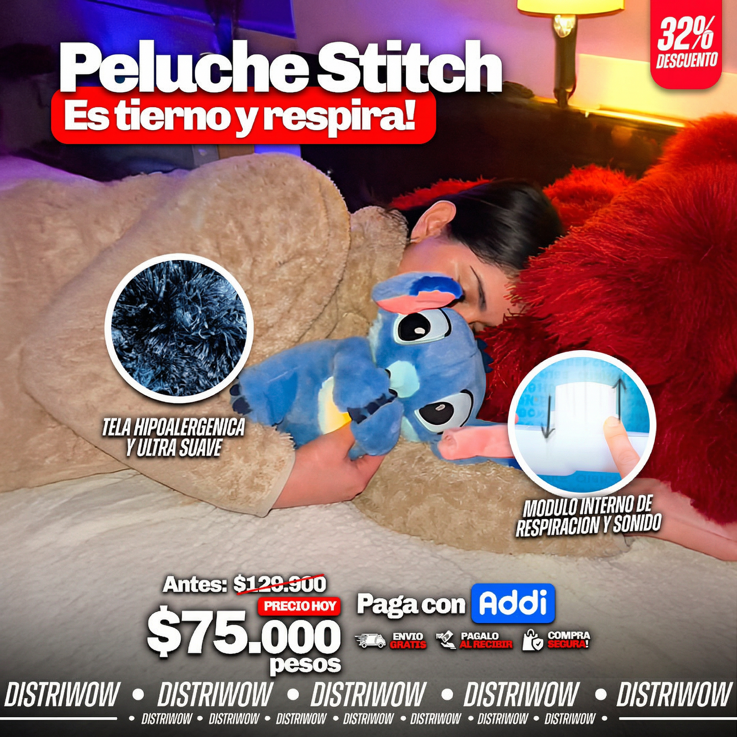 Peluche stitch con respiración y luz